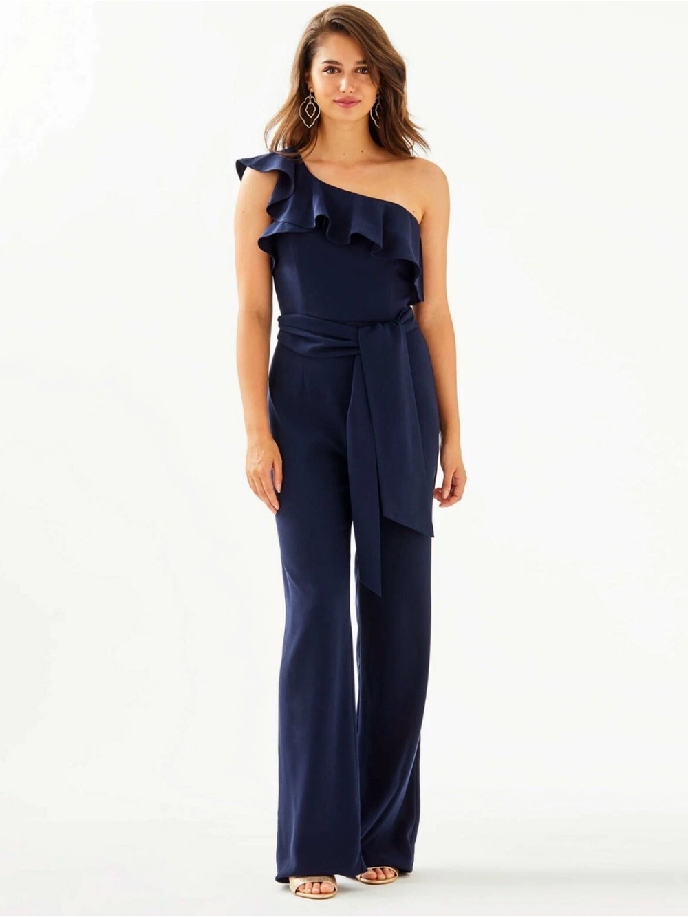 Lilly Pulitzer Lyra‎ Ruffle One-Shoulder Jumpsuit in Navy Blue Size:0